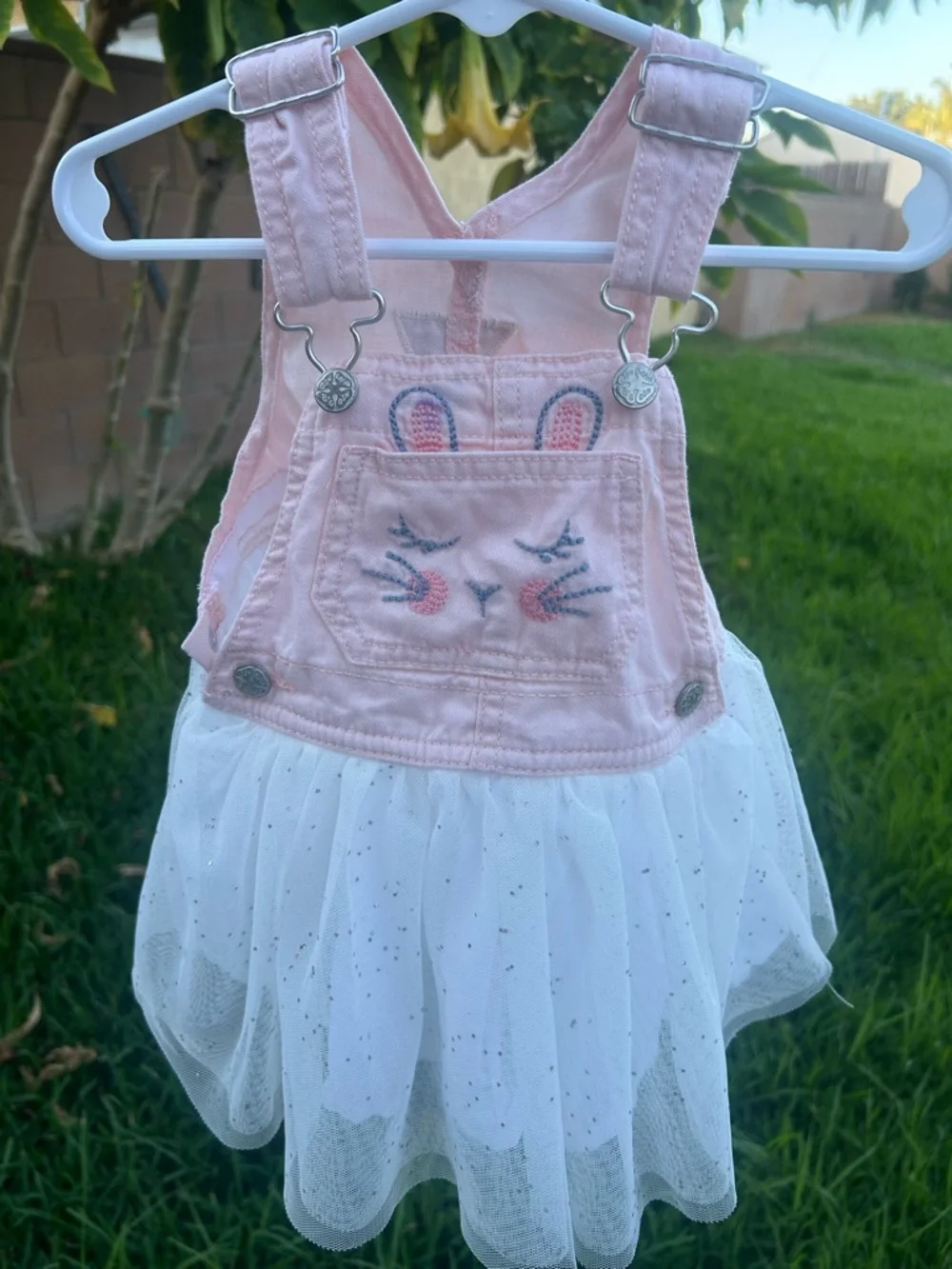 OshKosh B'gosh Pink & White Tulle Overall Dress with Bunny Embroidery